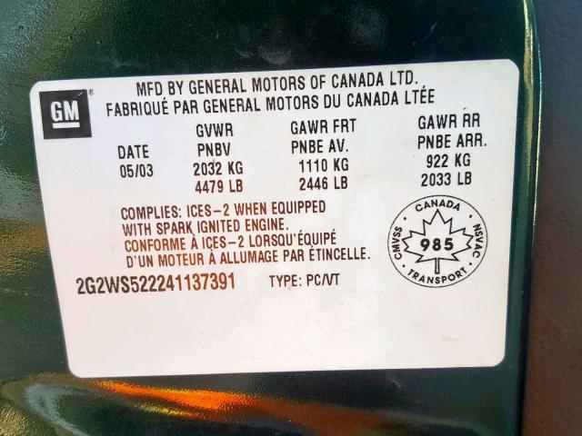 2G2WS522241137391 - 2004 PONTIAC GRAND PRIX GREEN photo 10