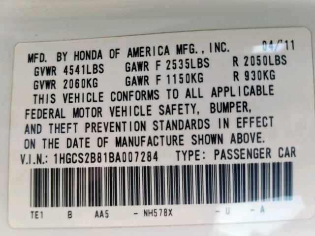 1HGCS2B81BA007284 - 2011 HONDA ACCORD EXL WHITE photo 10