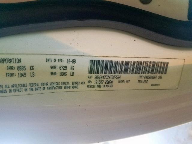 3B3ES47C7XT527524 - 1999 DODGE NEON HIGHL WHITE photo 10