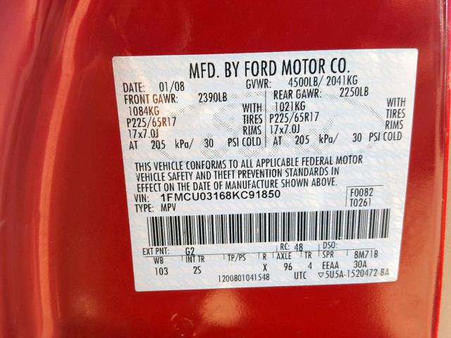 1FMCU03168KC91850 - 2008 FORD ESCAPE XLT RED photo 10