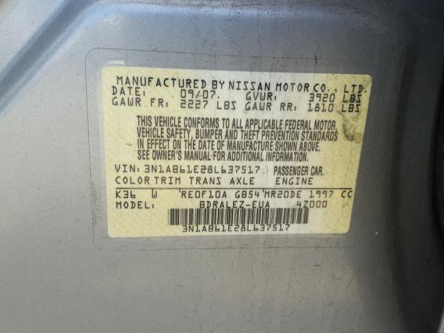 3N1AB61E28L637517 - 2008 NISSAN SENTRA 2.0 SILVER photo 10