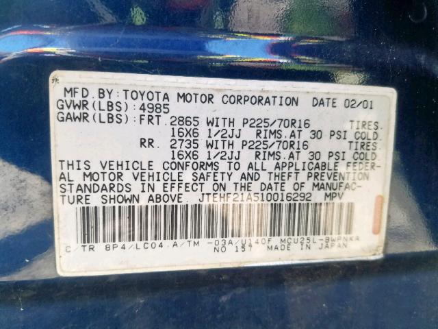 JTEHF21A510016292 - 2001 TOYOTA HIGHLANDER BLUE photo 10