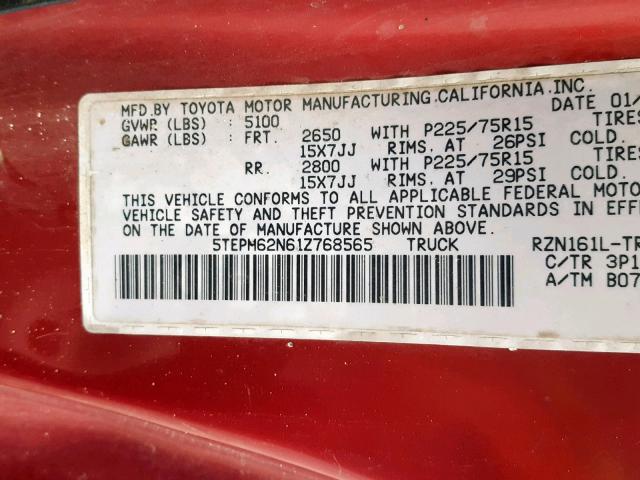 5TEPM62N61Z768565 - 2001 TOYOTA TACOMA RED photo 10