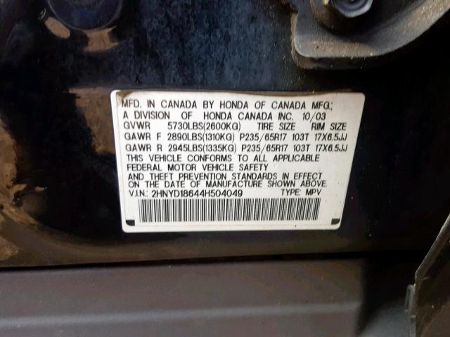 2HNYD18644H504049 - 2004 ACURA MDX TOURIN BLACK photo 10