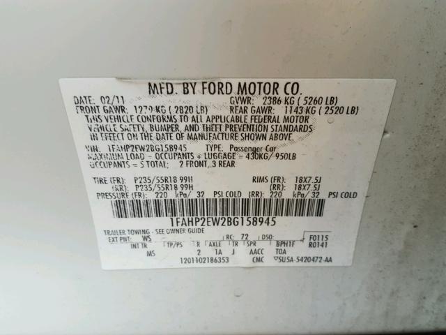 1FAHP2EW2BG158945 - 2011 FORD TAURUS SEL WHITE photo 10