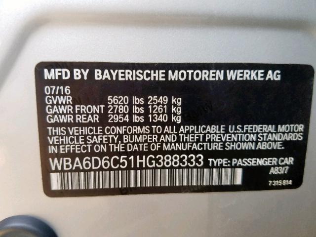 WBA6D6C51HG388333 - 2017 BMW 650 XI SILVER photo 10