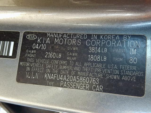 KNAFU4A20A5860763 - 2010 KIA FORTE EX GRAY photo 10