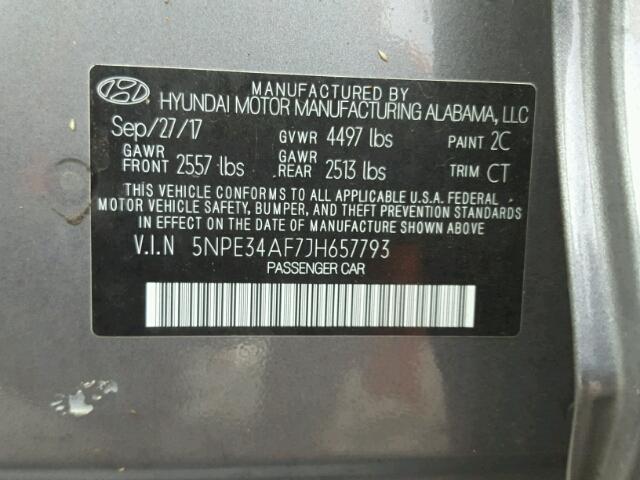 5NPE34AF7JH657793 - 2018 HYUNDAI SONATA SPO GRAY photo 10