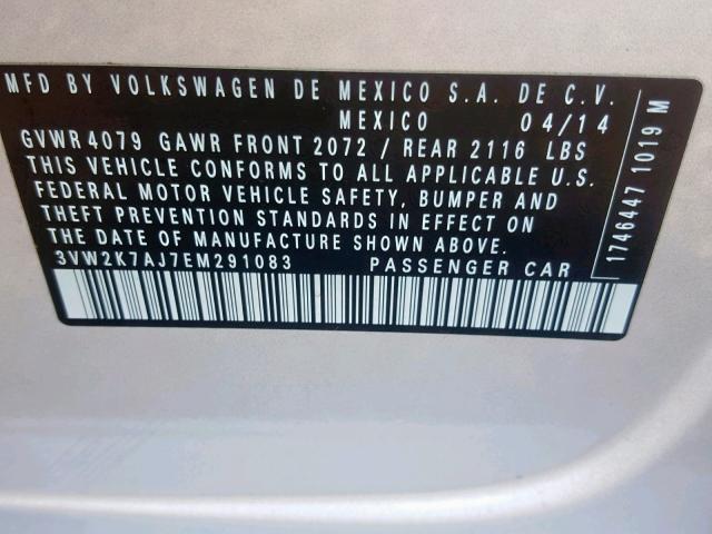 3VW2K7AJ7EM291083 - 2014 VOLKSWAGEN JETTA BASE 银色 照片 10
