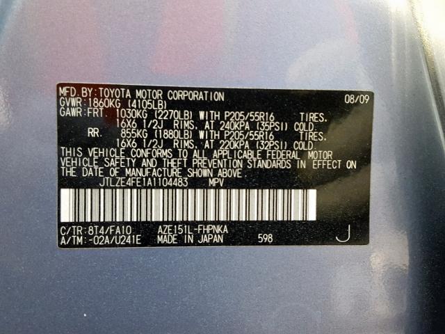 JTLZE4FE1A1104483 - 2010 TOYOTA SCION XB 蓝色 照片 10