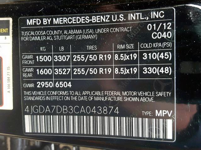 4JGDA7DB3CA043874 - 2012 MERCEDES-BENZ ML 550 4MA BLACK photo 10