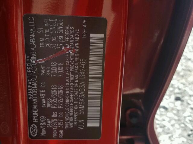 5NMSK3AB3AH342466 - 2010 HYUNDAI SANTA FE L RED photo 10