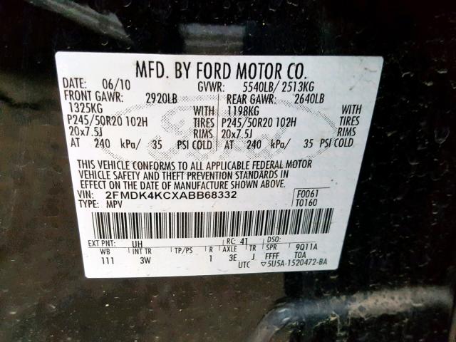 2FMDK4KCXABB68332 - 2010 FORD EDGE LIMIT BLACK photo 10