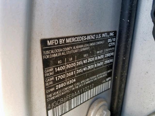 4JGCB6FE8AA112212 - 2010 MERCEDES-BENZ R 350 4MAT SILVER photo 10