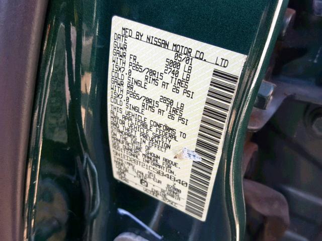 5N1ED28T21C584840 - 2001 NISSAN XTERRA XE GREEN photo 10