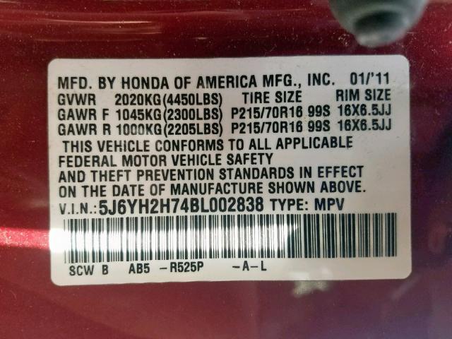 5J6YH2H74BL002838 - 2011 HONDA ELEMENT EX MAROON photo 10