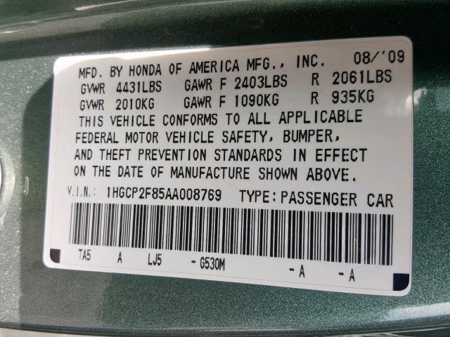 1HGCP2F85AA008769 - 2010 HONDA ACCORD EXL GREEN photo 10