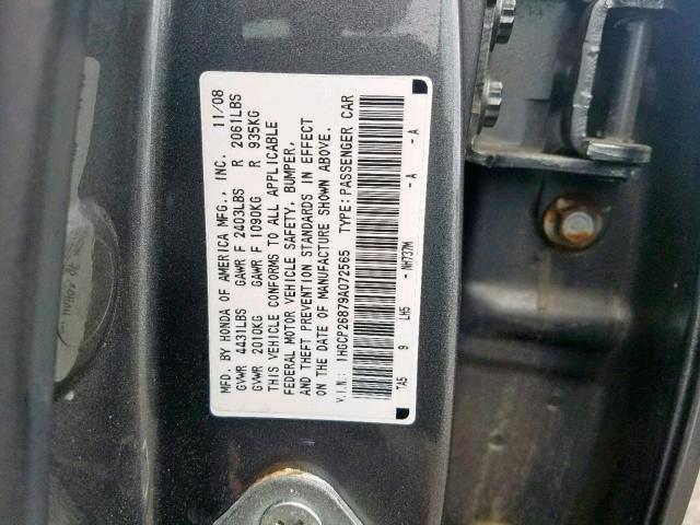 1HGCP26879A072565 - 2009 HONDA ACCORD EXL GRAY photo 10