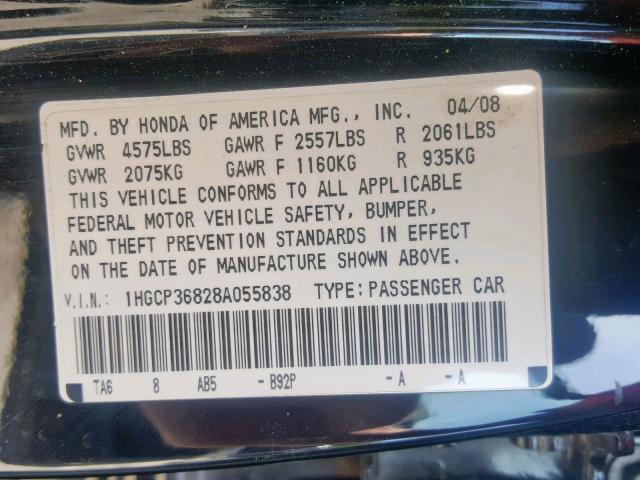 1HGCP36828A055838 - 2008 HONDA ACCORD EXL BLACK photo 10