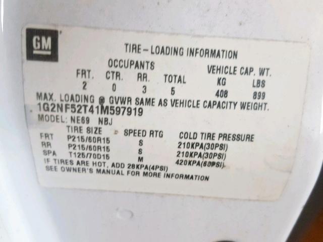 1G2NF52T41M597919 - 2001 PONTIAC GRAND AM S WHITE photo 10