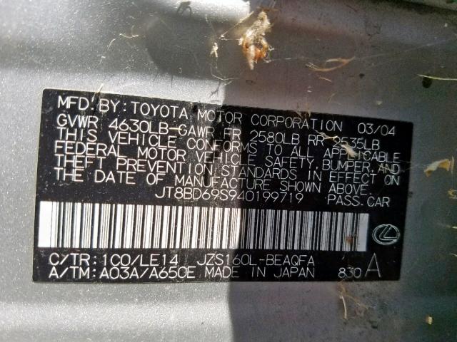 JT8BD69S940199719 - 2004 LEXUS GS 300 GRAY photo 10