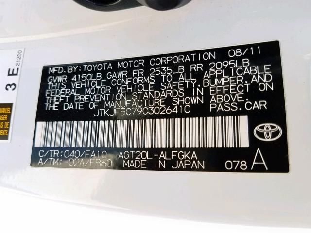 JTKJF5C79C3026410 - 2012 TOYOTA SCION TC თეთრი ფოტო 10