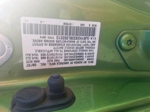 5J6YH28338L002013 - 2008 HONDA ELEMENT LX GREEN photo 10