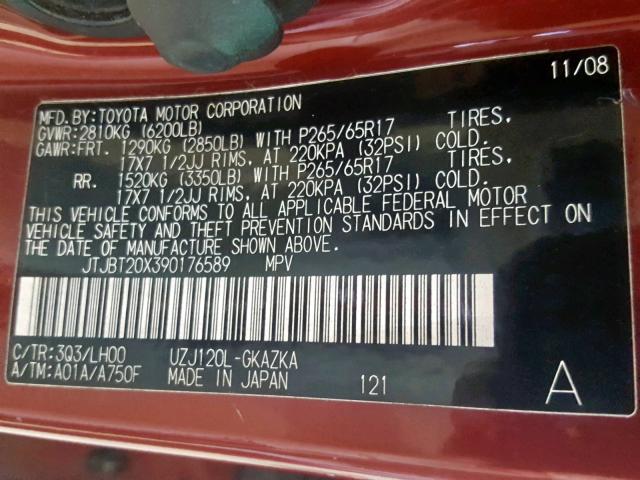 JTJBT20X390176589 - 2009 LEXUS GX 470 RED photo 10