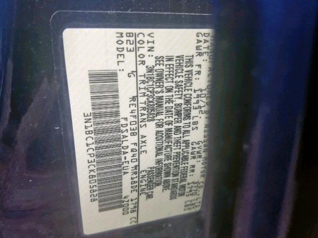 3N1BC1CP3CK805828 - 2012 NISSAN VERSA S BLUE photo 10