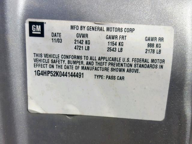 1G4HP52K044144491 - 2004 BUICK LESABRE CU SILVER photo 10