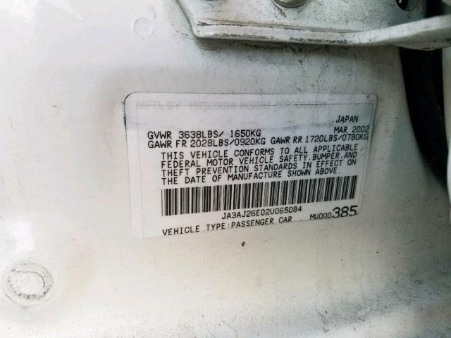 JA3AJ26E02U065084 - 2002 MITSUBISHI LANCER ES WHITE photo 10