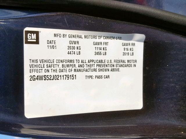 2G4WS52J021179151 - 2002 BUICK CENTURY CU BLUE photo 10