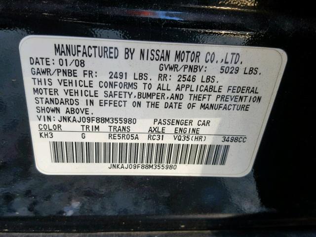 JNKAJ09F88M355980 - 2008 INFINITI EX35 BASE BLACK photo 10