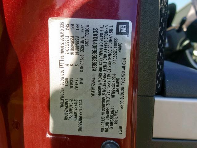 2CKDL43F986036829 - 2008 PONTIAC TORRENT RED photo 10