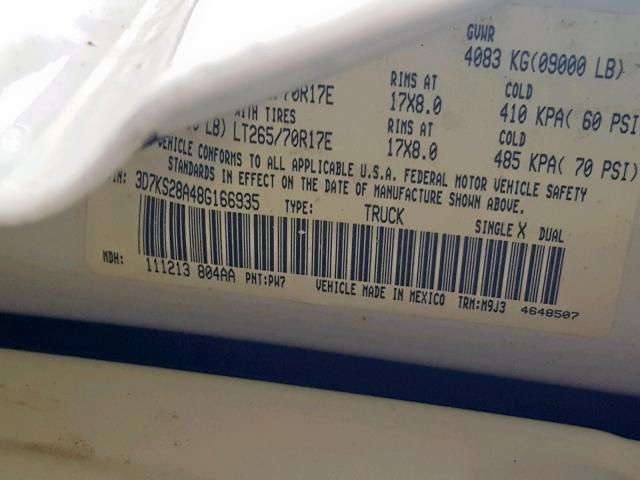 3D7KS28A48G166935 - 2008 DODGE RAM 2500 S Ağ foto 10