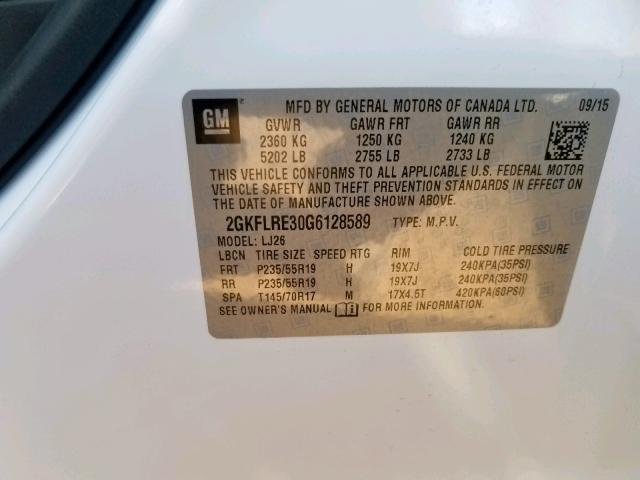 2GKFLRE30G6128589 - 2016 GMC TERRAIN DE WHITE photo 10