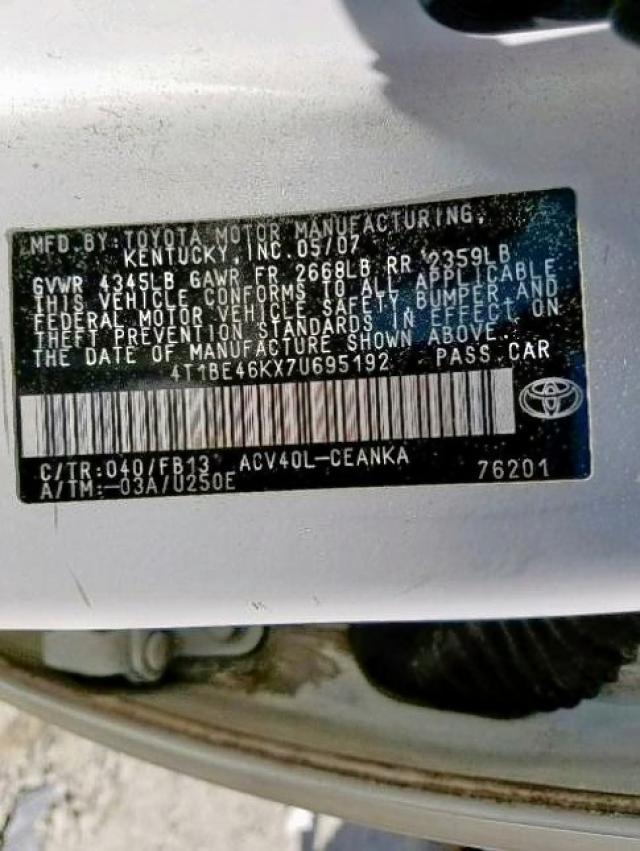 4T1BE46KX7U695192 - 2007 TOYOTA CAMRY NEW WHITE photo 10