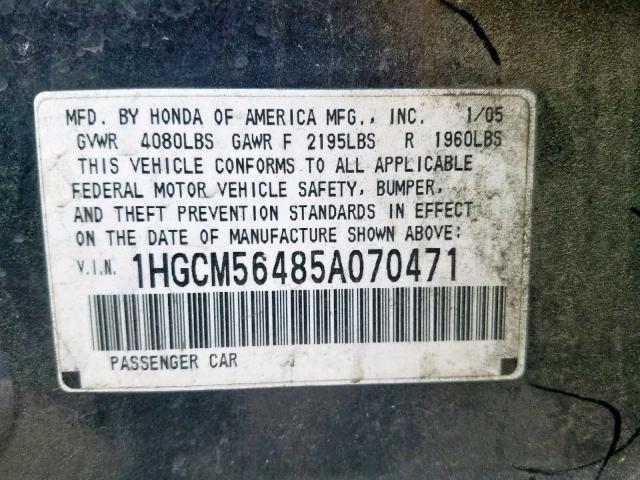 1HGCM56485A070471 - 2005 HONDA ACCORD LX GRAY photo 10