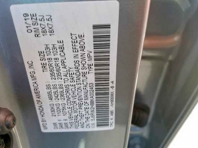 5J6RW2H88KA002453 - 2019 HONDA CR-V EXL SILVER photo 10