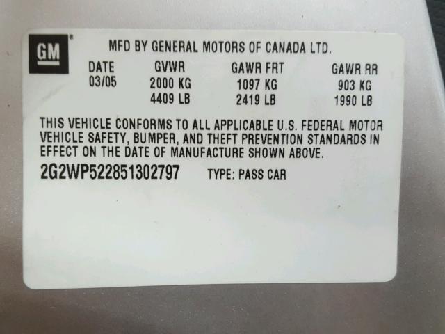 2G2WP522851302797 - 2005 PONTIAC GRAND PRIX SILVER photo 10