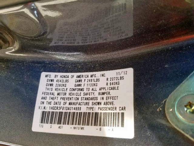 1HGCR3F81DA014699 - 2013 HONDA ACCORD EXL GRAY photo 10