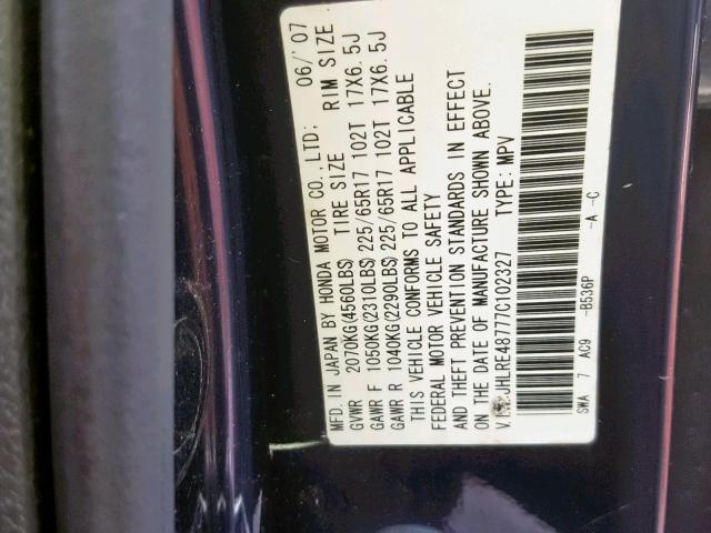 JHLRE48777C102327 - 2007 HONDA CR-V EXL BLUE photo 10