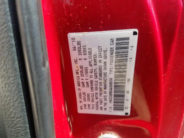 1HGCS2B80AA008974 - 2010 HONDA ACCORD EXL RED photo 10