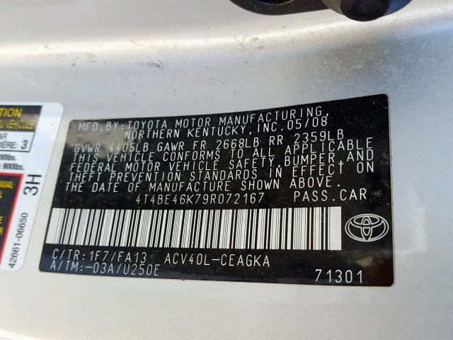 4T4BE46K79R072167 - 2009 TOYOTA CAMRY BASE SILVER photo 10