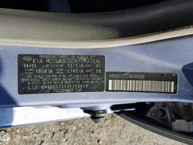 KNADC125536266619 - 2003 KIA RIO BLUE photo 10