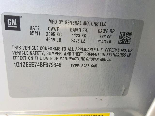 1G1ZE5E74BF379346 - 2011 CHEVROLET MALIBU LTZ 银色 照片 10