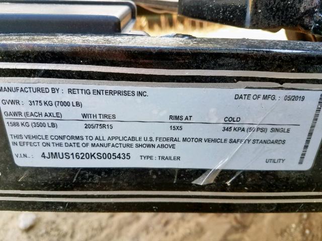 4JMUS1620KS005435 - 2019 TRAIL KING TRAILER BLACK photo 10