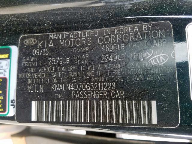 KNALN4D70G5211223 - 2016 KIA CADENZA LU BLACK photo 10