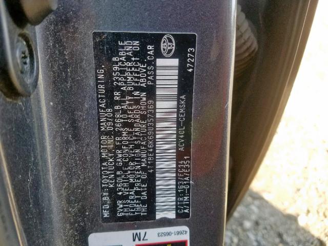 4T1BE46K69U357369 - 2009 TOYOTA CAMRY BASE GRAY photo 10