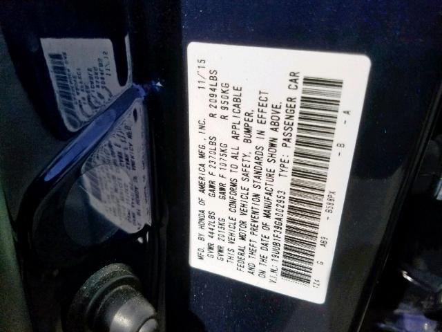 19UUB1F39GA002953 - 2016 ACURA TLX BLUE photo 10